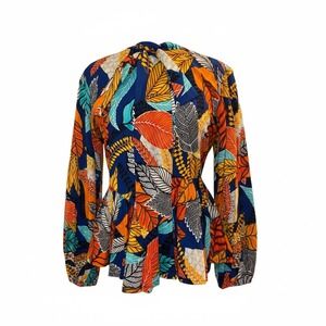 Mae Otti Bibi African Print Puff Sleeves Peplum Blouse Medium Bold Art to wear